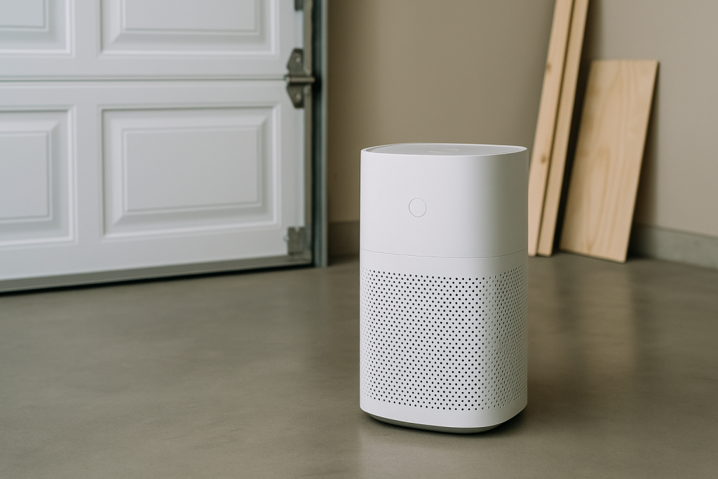 A lineup of modern smart air purifiers placed in minimalist home environments with clean lighting