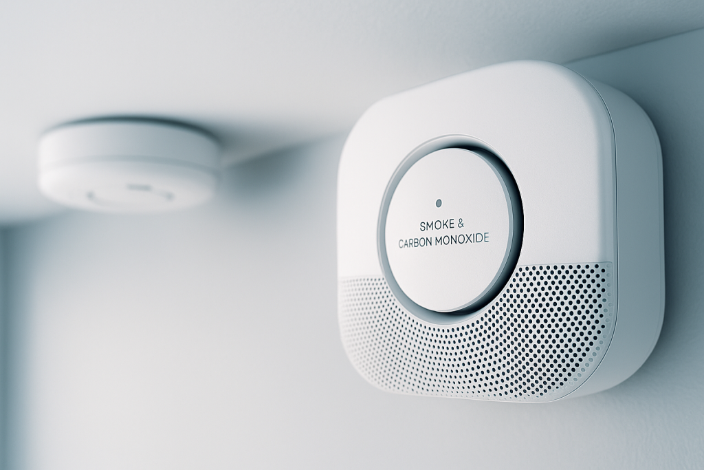 A high-resolution photo of two modern smart smoke and carbon monoxide detectors mounted on a clean white ceiling, symbolizing smart home safety in 2025.