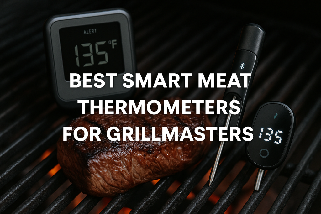 Smart meat thermometers displayed next to a grilled steak over flames, showing digital temperature readouts and wireless probes