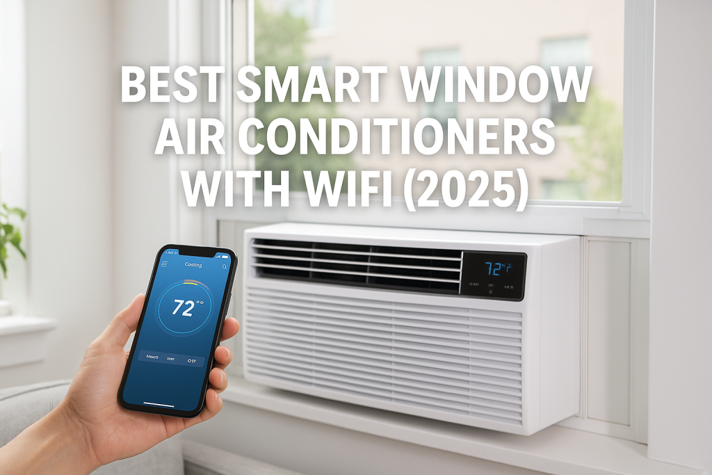 A modern smart window air conditioner installed in a bright apartment, showing app-based temperature control on a smartphone