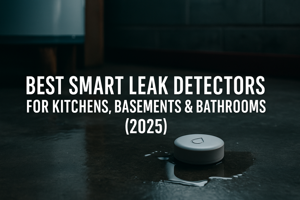 Modern laundry room floor with a smart water leak detector near a washing machine. Bold text overlay reads ‘Best Smart Leak Detectors 2025’.