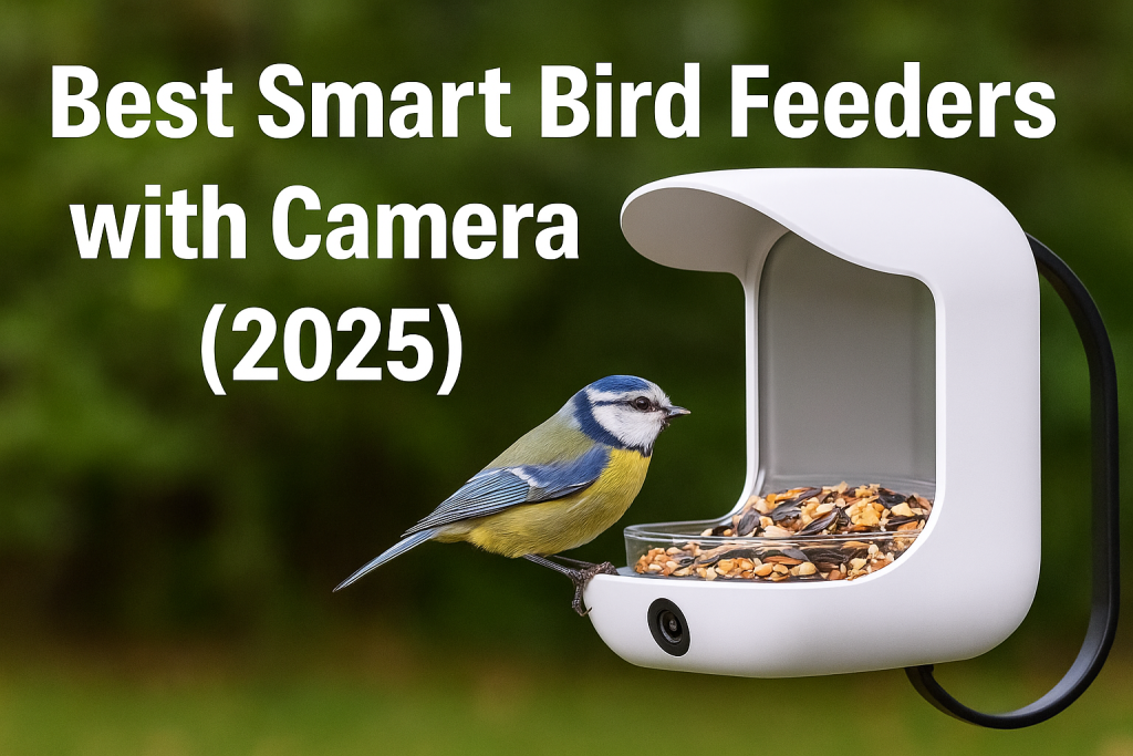 Smart bird feeder with built-in camera capturing a cardinal in a backyard, part of the 2025 best smart bird feeders roundup.