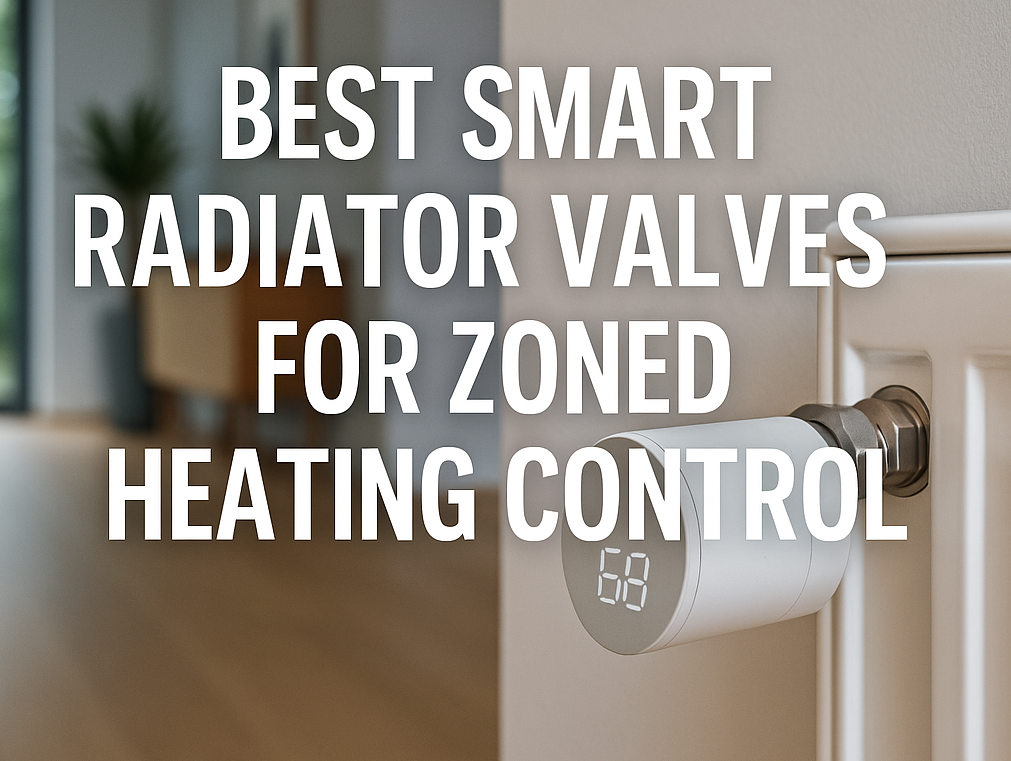Smart radiator valves on modern home radiators with phone app control