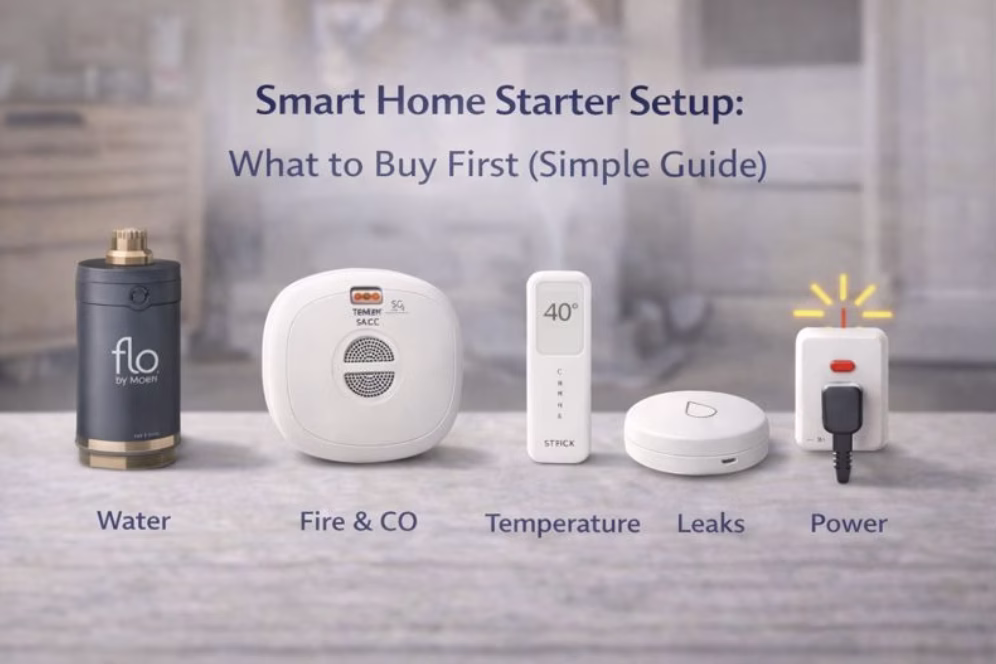 smart home starter devices for monitoring water, temperature, power, and safety