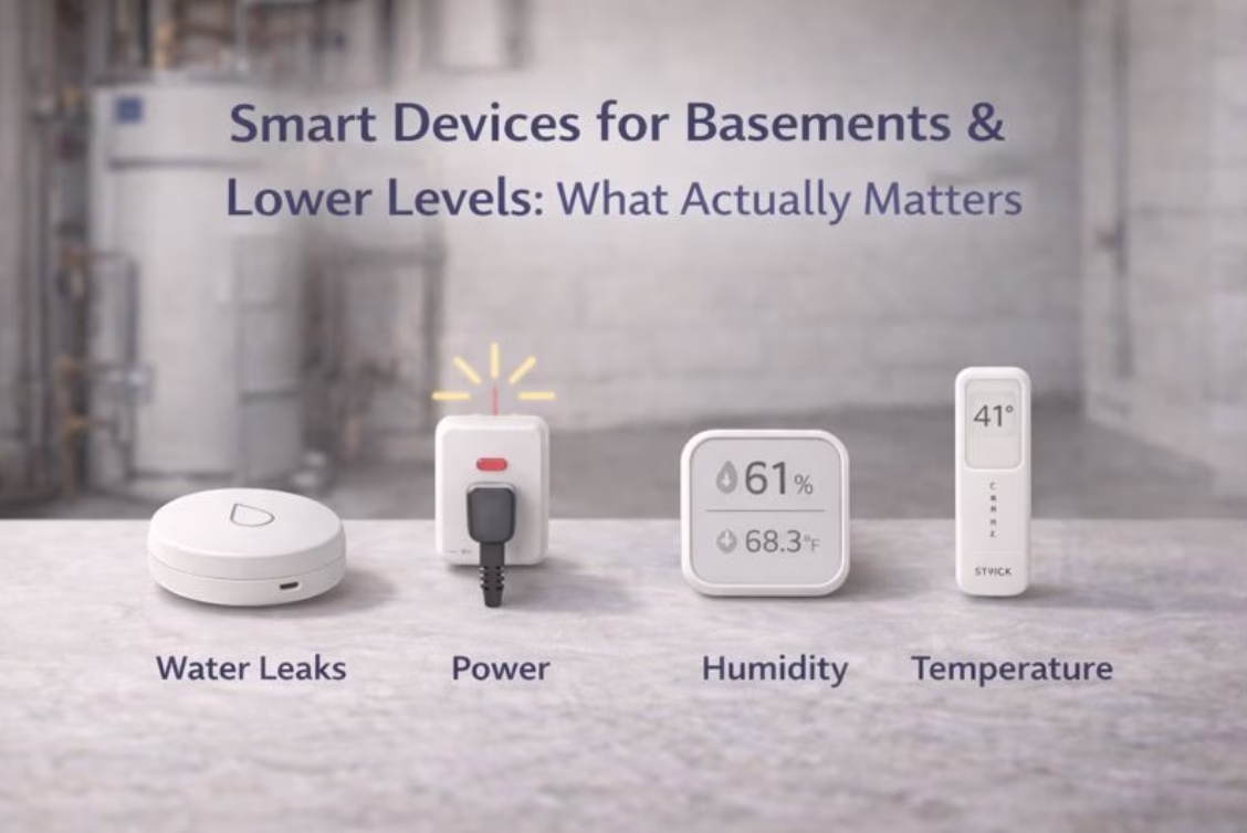 smart devices used in basements for water leak detection, power monitoring, humidity, and temperature alerts