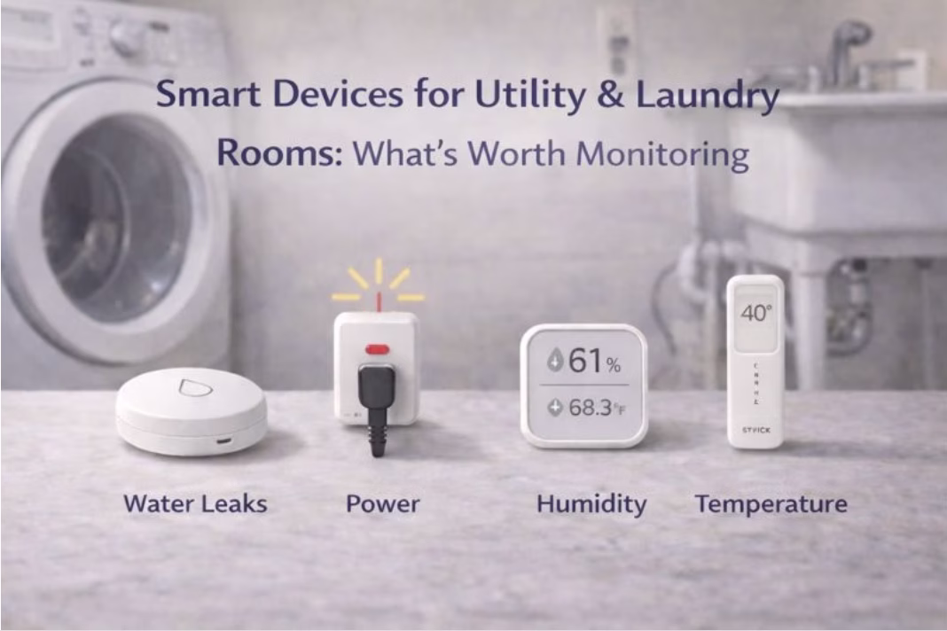 smart devices used in laundry and utility rooms for leak detection, power monitoring, and humidity alerts
