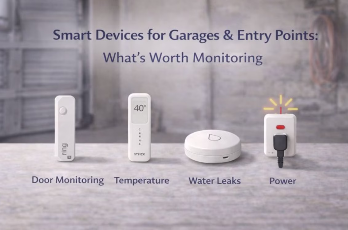 smart devices used in garages and entry points for door monitoring, temperature alerts, and leak detection